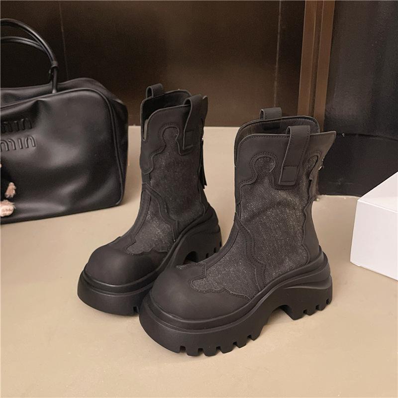 British Martin boots 2025 new French splicing western cowboy boots retro color matching thick-soled medium boots