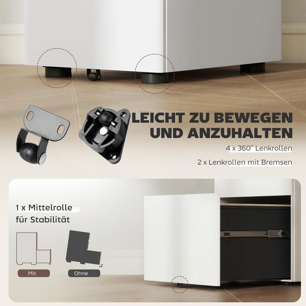Lockable Cabinet, Rolling Filing Cabinet with 3 Drawers, Steel Office Drawer Unit for A4, Letter, Legal Sized Files
