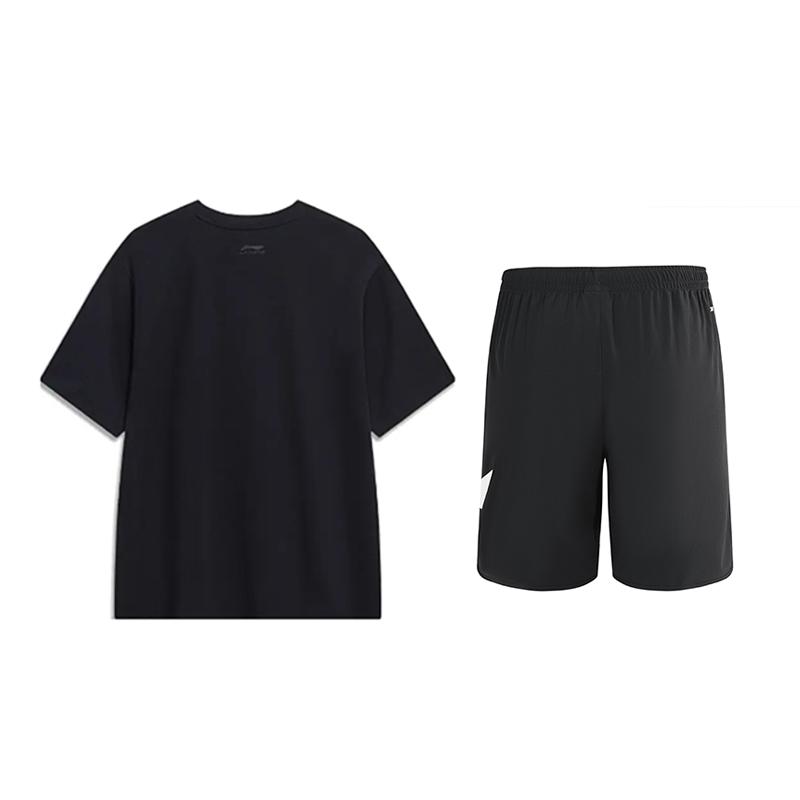 Li-Ning Cartoon Print Round Neck Comfortable Fashion Short Sleeve Casual Sports Suit Unisex Suit Black AHST543-2+YKSV197-2