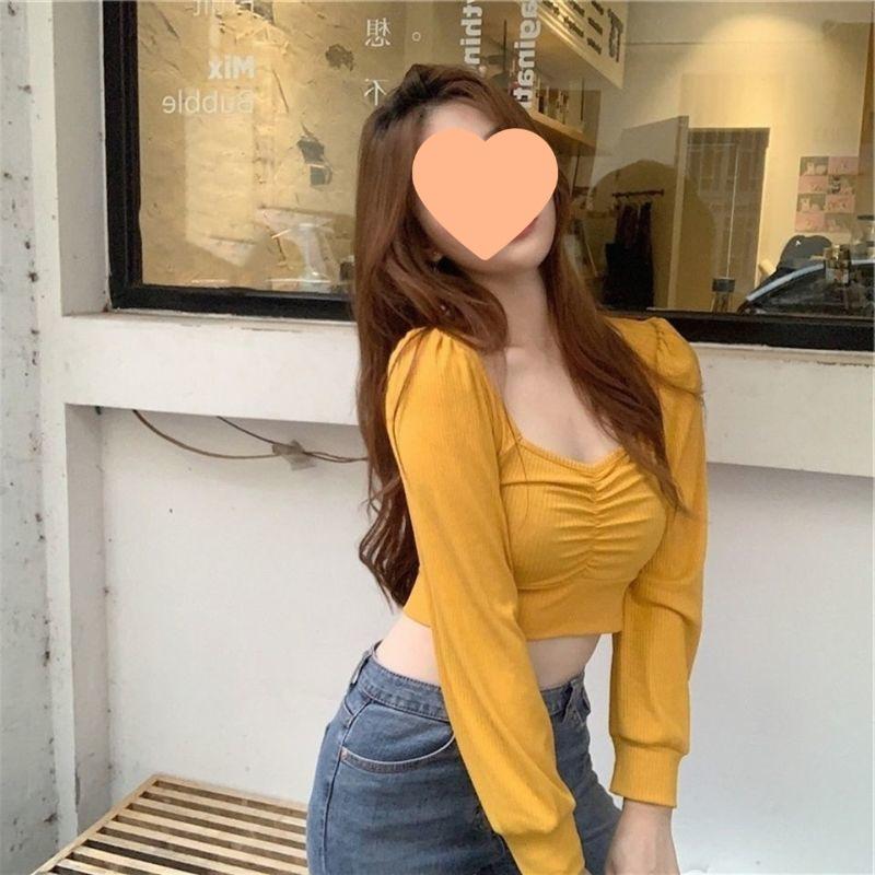 

Women s Slim Fit Square Neck Puff Sleeve Top - Versatile for Spring, Autumn, Winter 2025 L for 100-110 jin жёлтый
