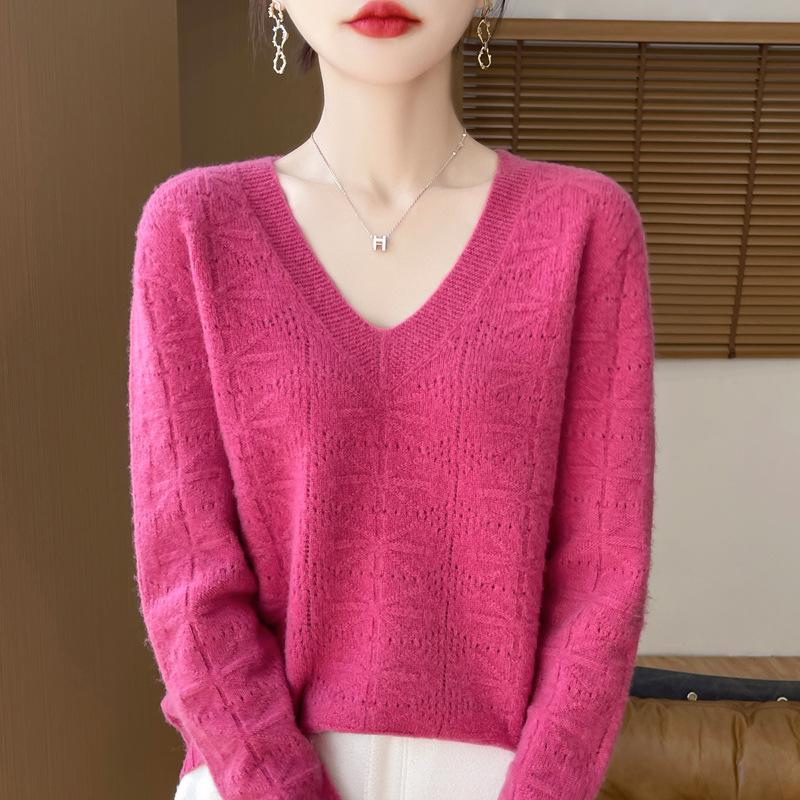 Women's V-Neck Hollow-Out Wool Sweater: Long-Sleeved, Loose-Fit Knit Base Layer