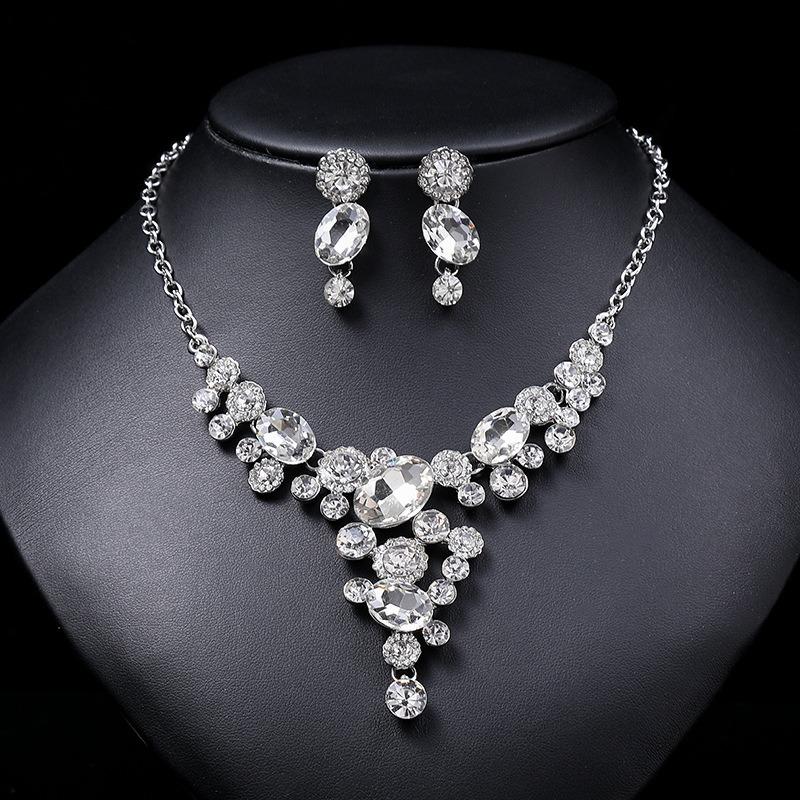 3pcs Elegant and Intellectual Round Zircon Alloy Women's Bridal Necklace Earrings Set Party Dress with Zircon Accessories