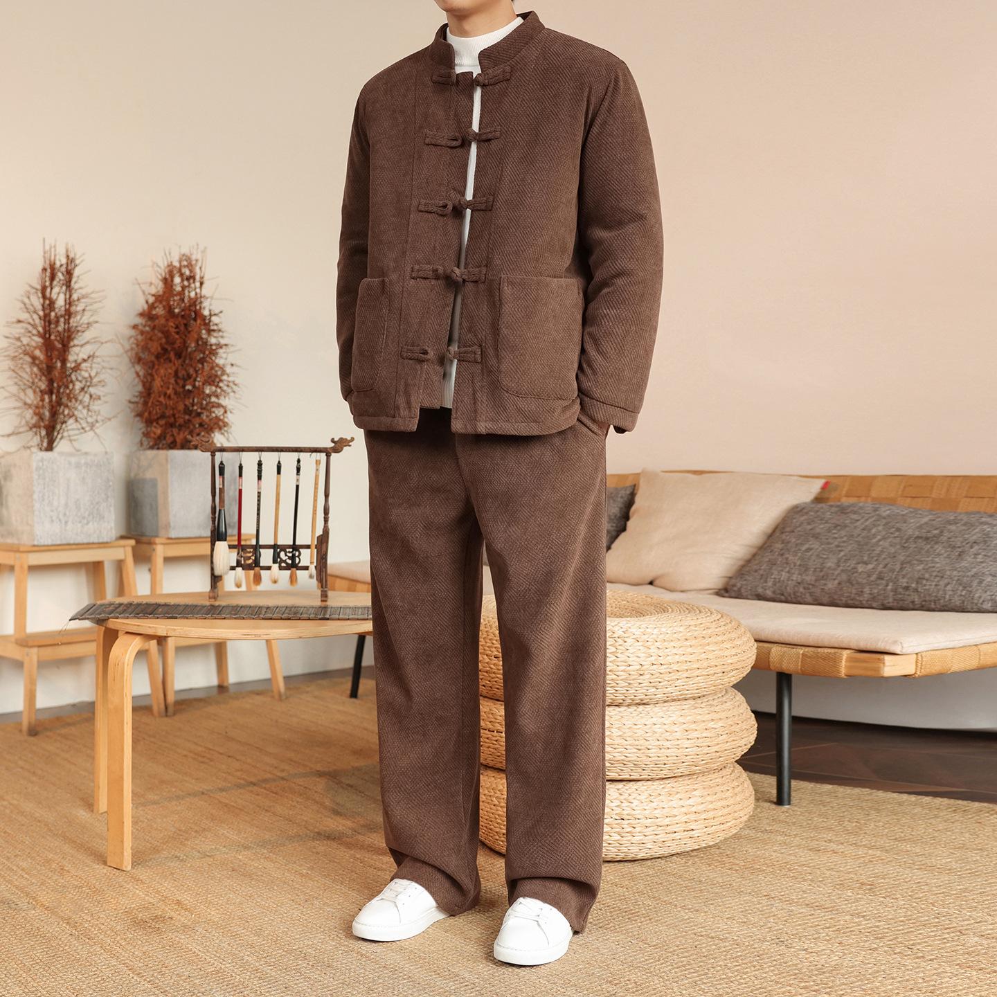 

Winter Chinese Style Men s Trendy Suit Chinese Retro Tang Suit Cotton Coat Cotton Velvet Warm Cotton Jacket Two-piece Set M коричневый