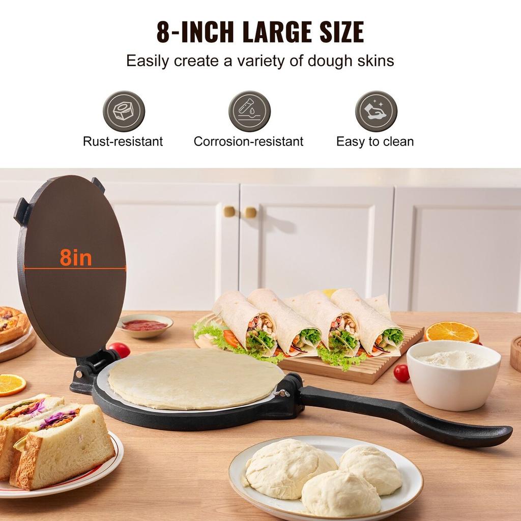 Tortilla Press, 8 Inch Tortilla and Roti Maker, Cast Iron Heavy Duty Tortilladora Press, Pre-Seasoned Pataconera Maker with 100 Pcs Parchment Paper,