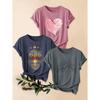 2026 3 Pack Vintage Print Round Neck Women Short Sleeve T Shirts Polyester Knit Casual Sports Daily Tops