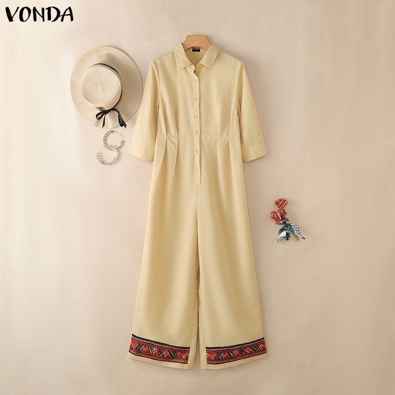 VONDA Damen Lapel Kragen 3/4 Ärmel Lässig Elegant Lang Weiter Bein Jumpsuit Rompers Für Große