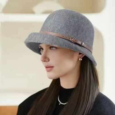 Basin Hat British Style Woolen Casual Hat with Rolled Brim Faux Leather Strap Women Autumn Winter Urban Hat