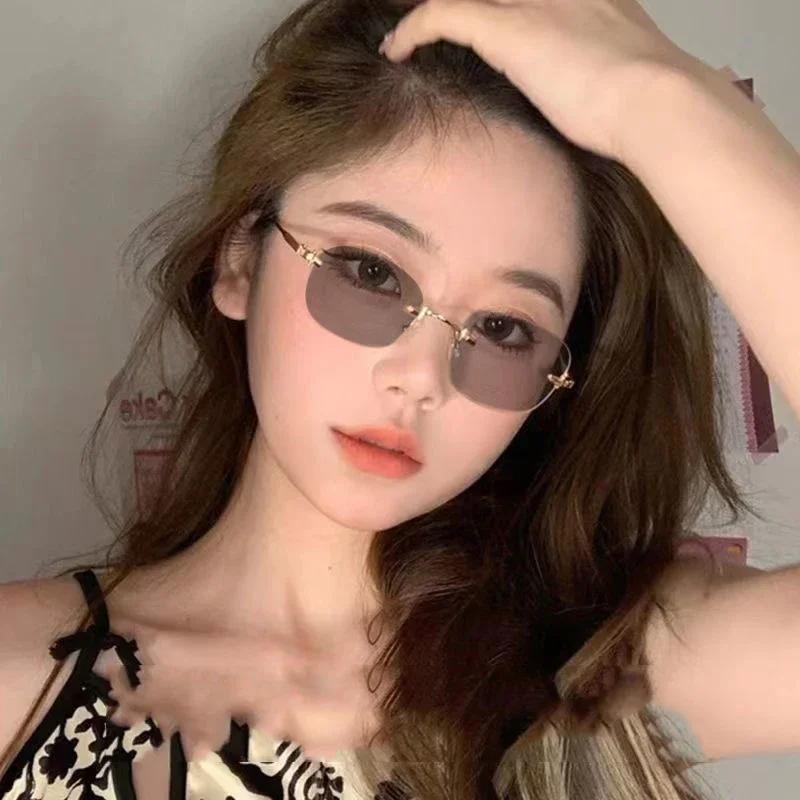 Frameless Clear Lens Color Changing Myopia Glasses Fashion Trend Women Men Short Sight Eyewear Outdoor Photochromic Sunglasses