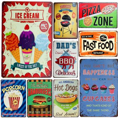 Vintage Metall Blechschilder Papa BBQ Hamburger Hot Dog Pizze Pommes Frites Cupcake Eis Fast Food Wanddekoration für Küche Café Diner