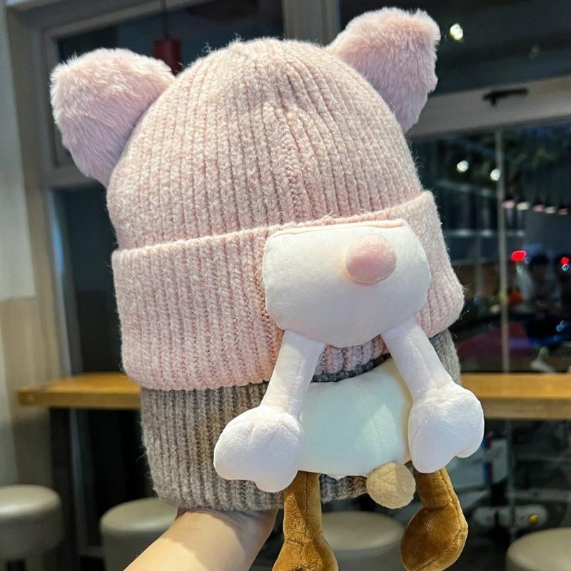 Anime Animal Design Pullover Hat Warm Brimless Stretchy Winter Skull Hat With Plush Lining For Adult Girl Outdoor Activity