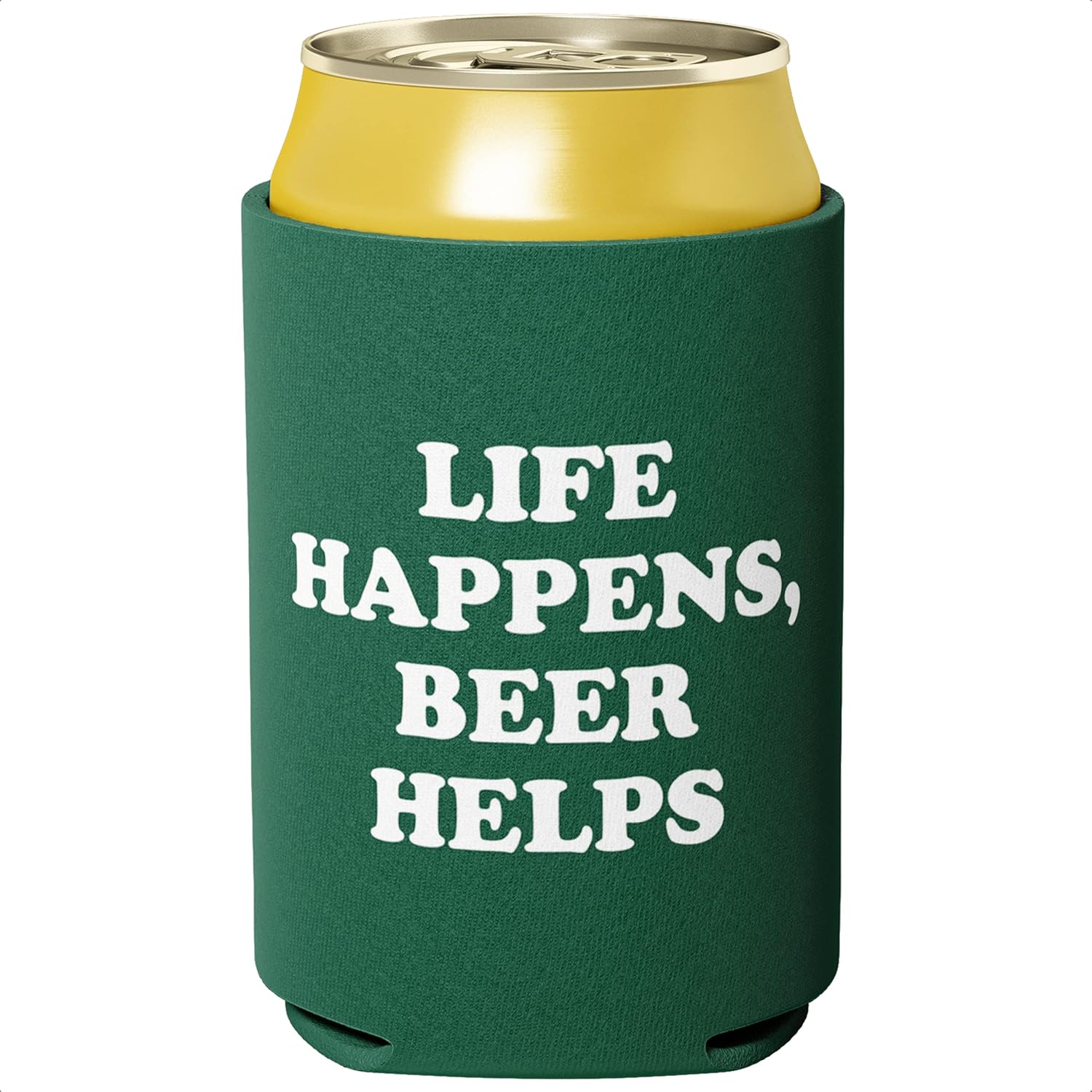 Funny, Collapsible Neoprene Drink Holder, 1 Pc. Novelty Beverage Sleeves for Cans with Gag Quote - Life Happens, Beer Helps. ulated Drink Cooler