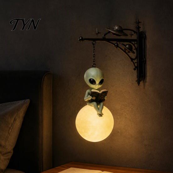 Decorative Moon Sculpture Alien Reading on Hanging Lamp, Resin Bookshelf Light, Bedroom Night Light Warm LED Decor for Patio Garden Window Statue