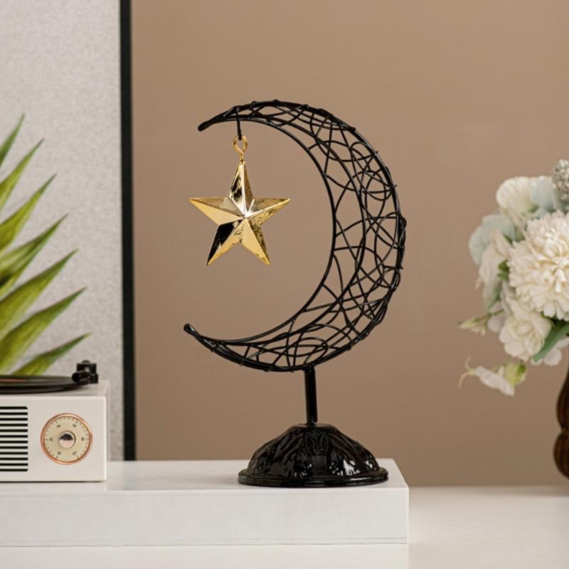 Artistic Middle Eastern Iron Moon Star Sculpture With Base Eid Ramadans Hollowout Ornament for Muslims Party Supplies