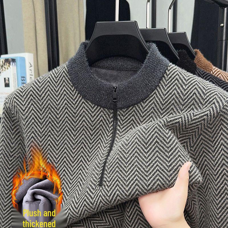 Dad's Warm Winter Knit: Mink Velvet Zipper Sweater, Plus Velvet for Middle-Aged & Elderly Men