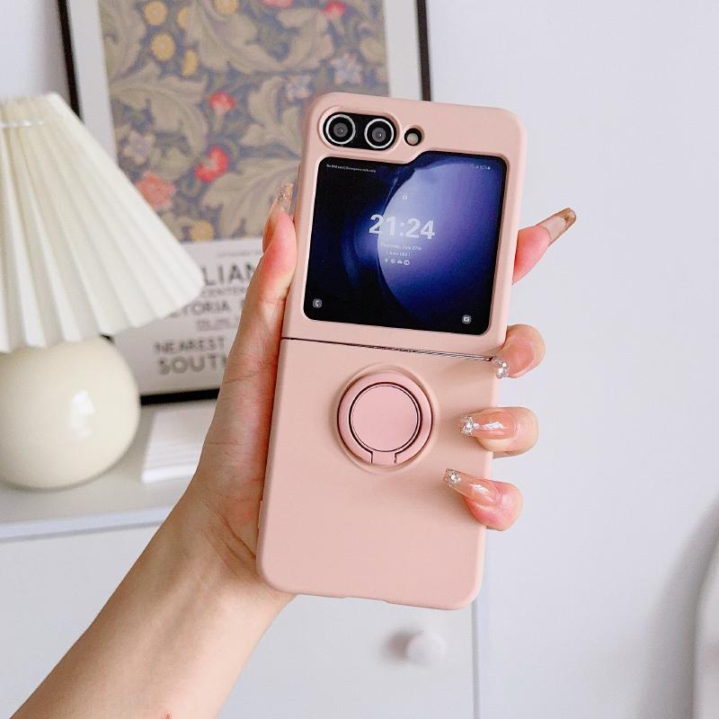 Luxury Solid Color Liquid Silicone 360°Rotating Ring Holder Folding Phone Case For Samsung Galaxy Z Flip 6 5 4 3 Soft Back Cover