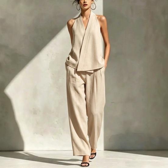 Women's Two Piece Set, Sleeveless V Neck Vest Top And Wide Leg Pants Matching Sets, Casual Business Office Work Outfits