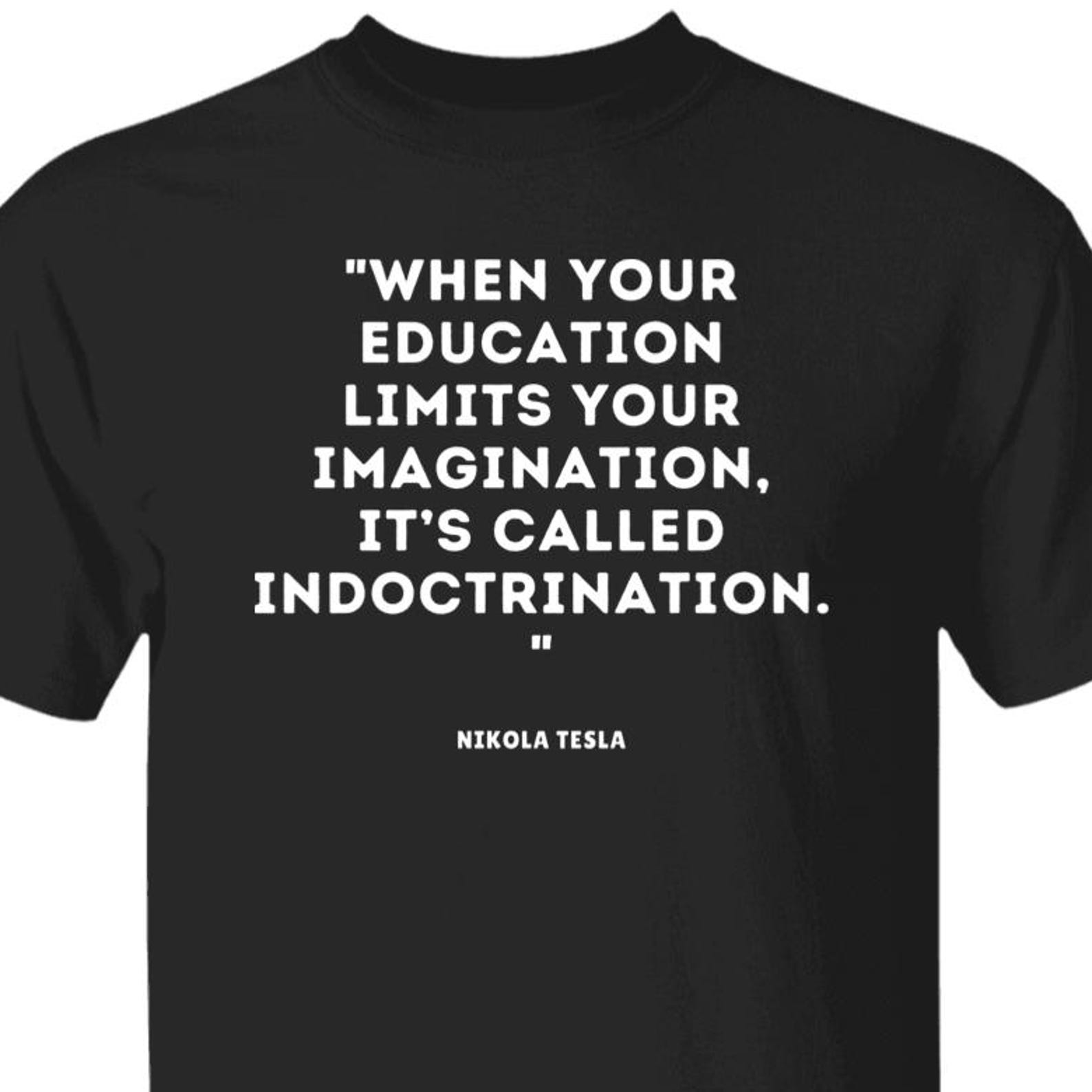 Nikola Tesla Quote T shirt, Social Justice Political Wisdom T shirt, Education Imagination Indoctrination Tee, Brainy Quotes Science Shirts XL