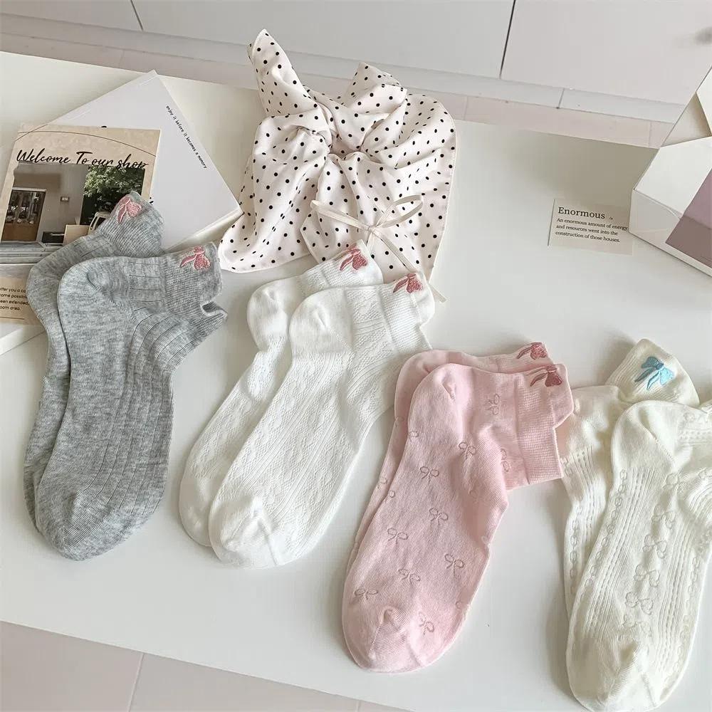 6Pairs Lolita JK Embroidery Bow Socks Sweet Socks Women Soft Ballet Tube Socks  Streetwear