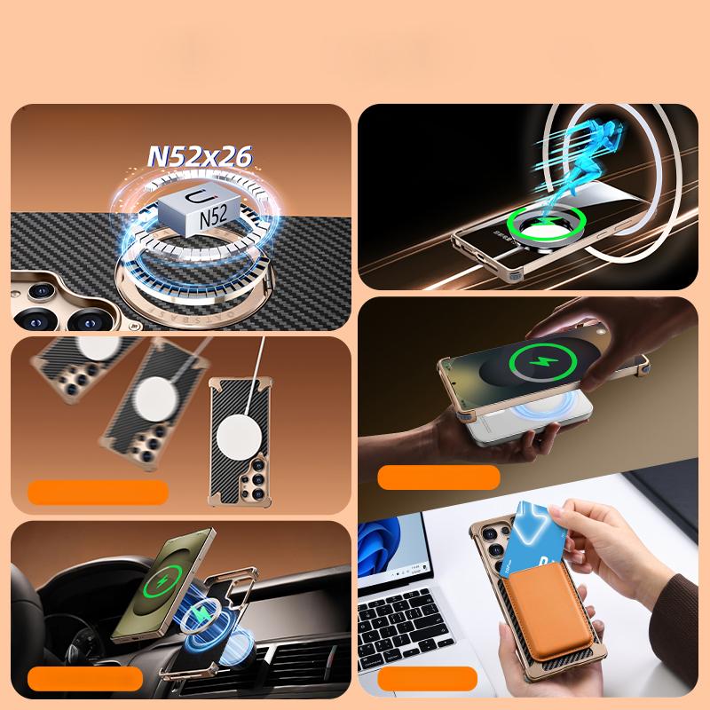 For Samsung Galaxy S25 Ultra Phone Cover Frameless Shockproof Carbon Fiber Aluminum Alloy Wireless Charge Magnetic Bracket Back Case