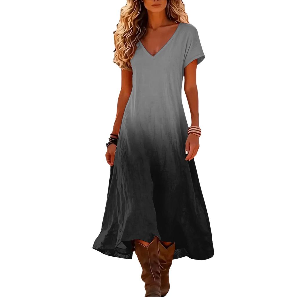 Modisches Damen Sommer V-Ausschnitt Kurzarm Farbverlauf Bedrucktes Strandkleid