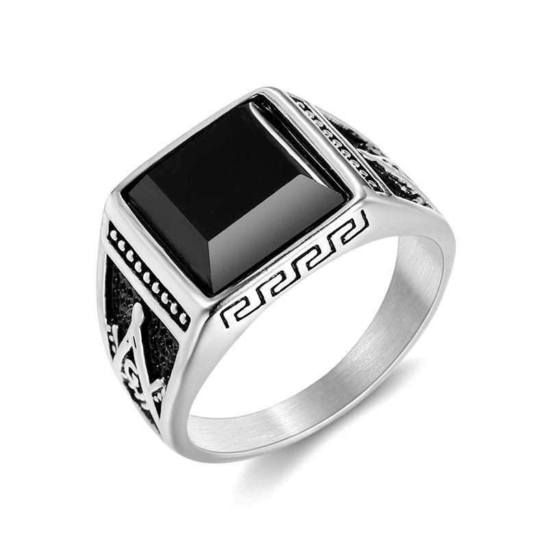Men's Classic Retro Freemason Ring: Gold-Plated Black Agate on Titanium Steel