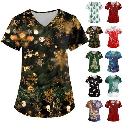 Moda feminina com decote em V manga curta workwear com bolsos tops estampados de natal