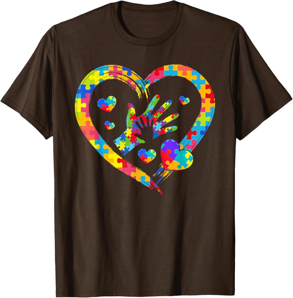 Autism Awareness Puzzle Heart Hands Love Graphic T-Shirt Casual Daily Cotton Short Sleeve Tee