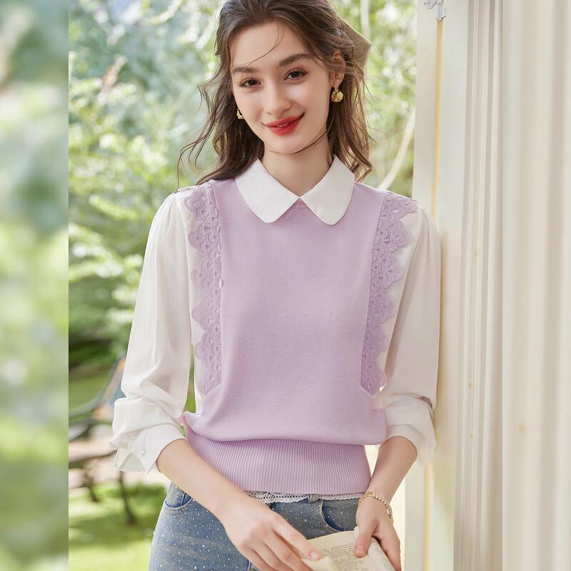 

Bailuyu Women s Faux Two-Piece Lace Patchwork Knit Top S