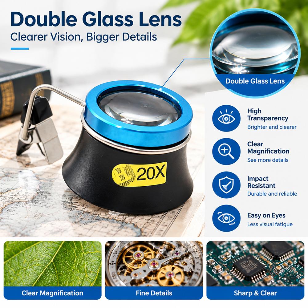 5X 15X 20X Eyeglass Magnifier Clip-On Eye Loupe Magnifying Lens Portable Eyepiece Process Operation Watchmakers Repair Tool