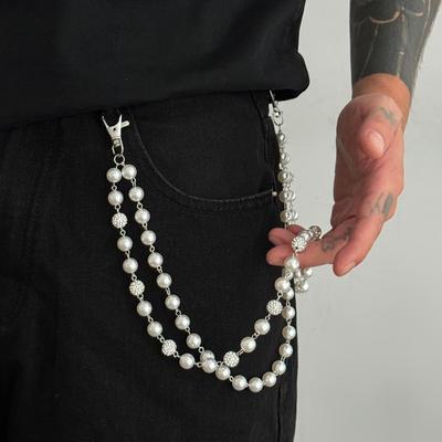 Imitacja Perły Łańcuch do Spodni Hip Hop Spodnie Jeansy Łańcuch Wykwintny Breloczek z Koralikami z Cyrkonii Męski