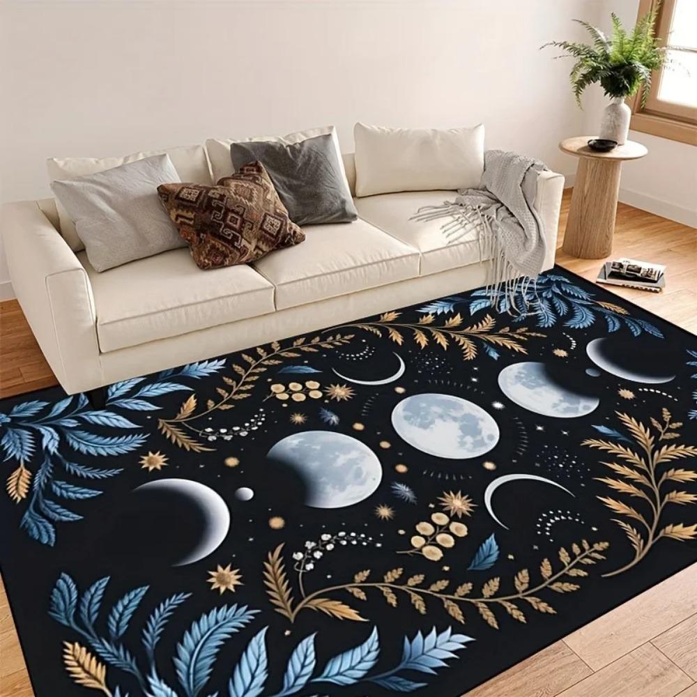 Celestial Moon Phase Mat - Mystic Floral Rug for Living Room, Bedroom & Entryway, Machine Washable Boho Decor Floor Carpet