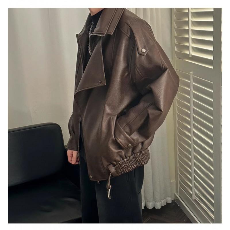Mens Vintage PU Leather Jacket Double Lapel Casual Biker Style Loose Fit Short Length Young Adults