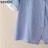 VONDA Women Lapel Short Sleeve Patchwork Striped Print Buttons Casual Blouse