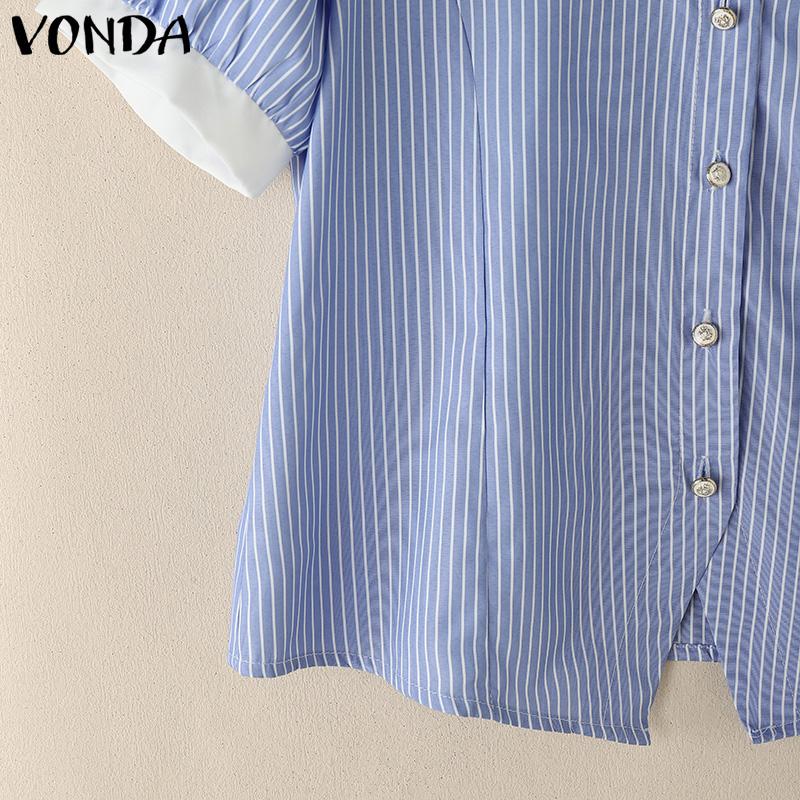 VONDA Women Lapel Short Sleeve Patchwork Striped Print Buttons Casual Blouse
