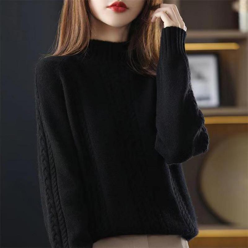Solid Color Simple Fashion Versatile Knitted Bottoming Shirt Women's Autumn and Winter New Semi-turtleneck Pullover Sweater with Thick Top