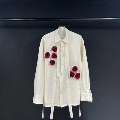 New Spring Summer Fashionable Long-sleeved Shirts with Square Collar and Rose Design Casual Versatile Tops