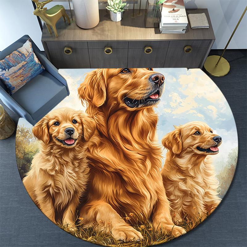 Golden Retriever Round Area Rug,Carpet Rug for Living Room Bedroom Sofa Playroom Decor,Non-slip Floor Mat
