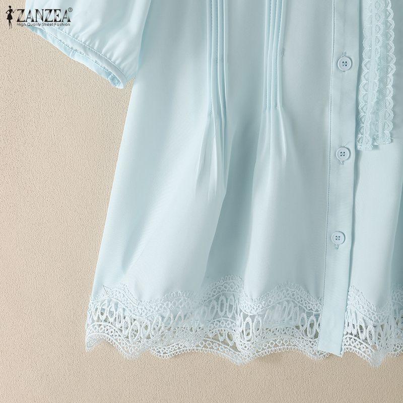 ZANZEA Women Short Puff Sleeve V Neck Lace Trim Button Down Blouse