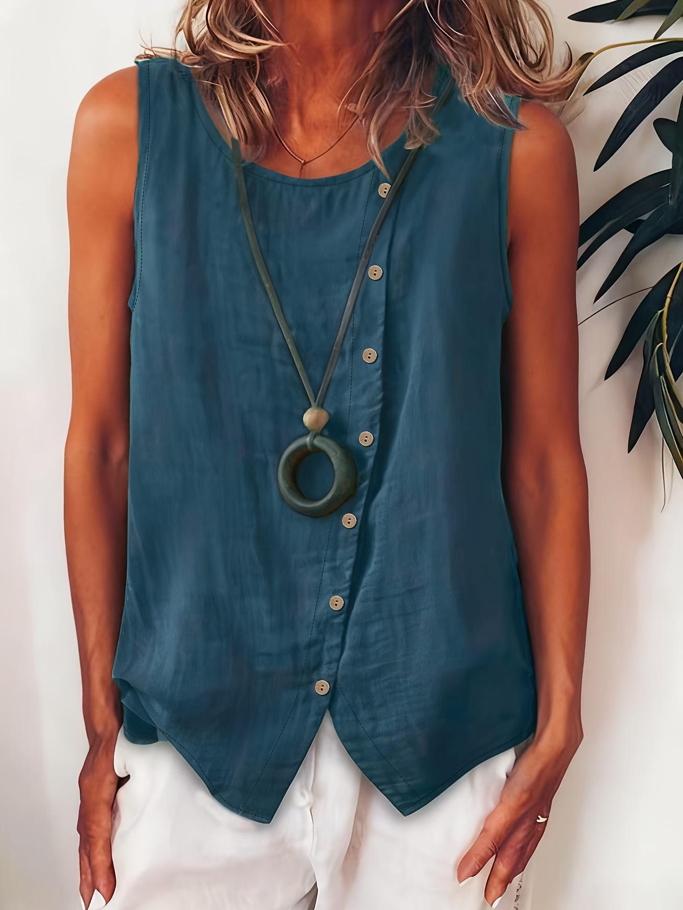 Women s Teal Sleeveless Top with Button Front S тёмно-синий