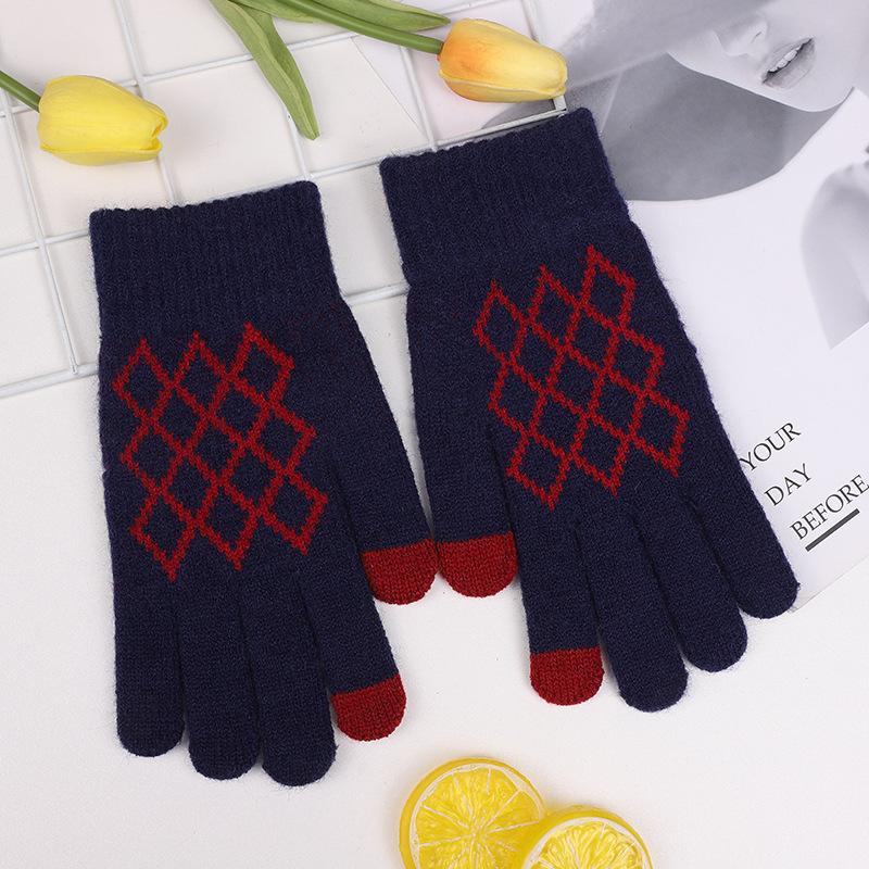 Invierno Pantalla Táctil Rombos Jacquard Cepillado Espesado Cinco Dedos Lana Guantes de Punto Lana Espesada Alpaca Guantes