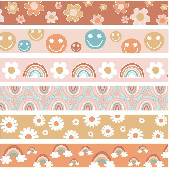 69Ft Groovy Bulletin Board Border Decorations Boho Straight Border Strips Retro Hippie Bulletin Board Stickers with Smile Daisy and Rainbow Border 20