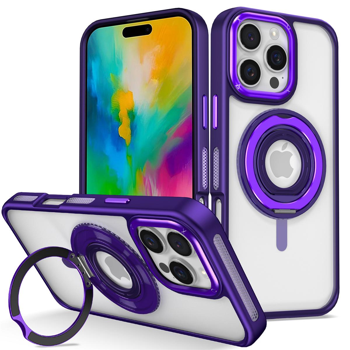 

For iPhone 16 Pro Case TPU+PC Clear Phone Cover with Silicone Ring Kickstand Purple