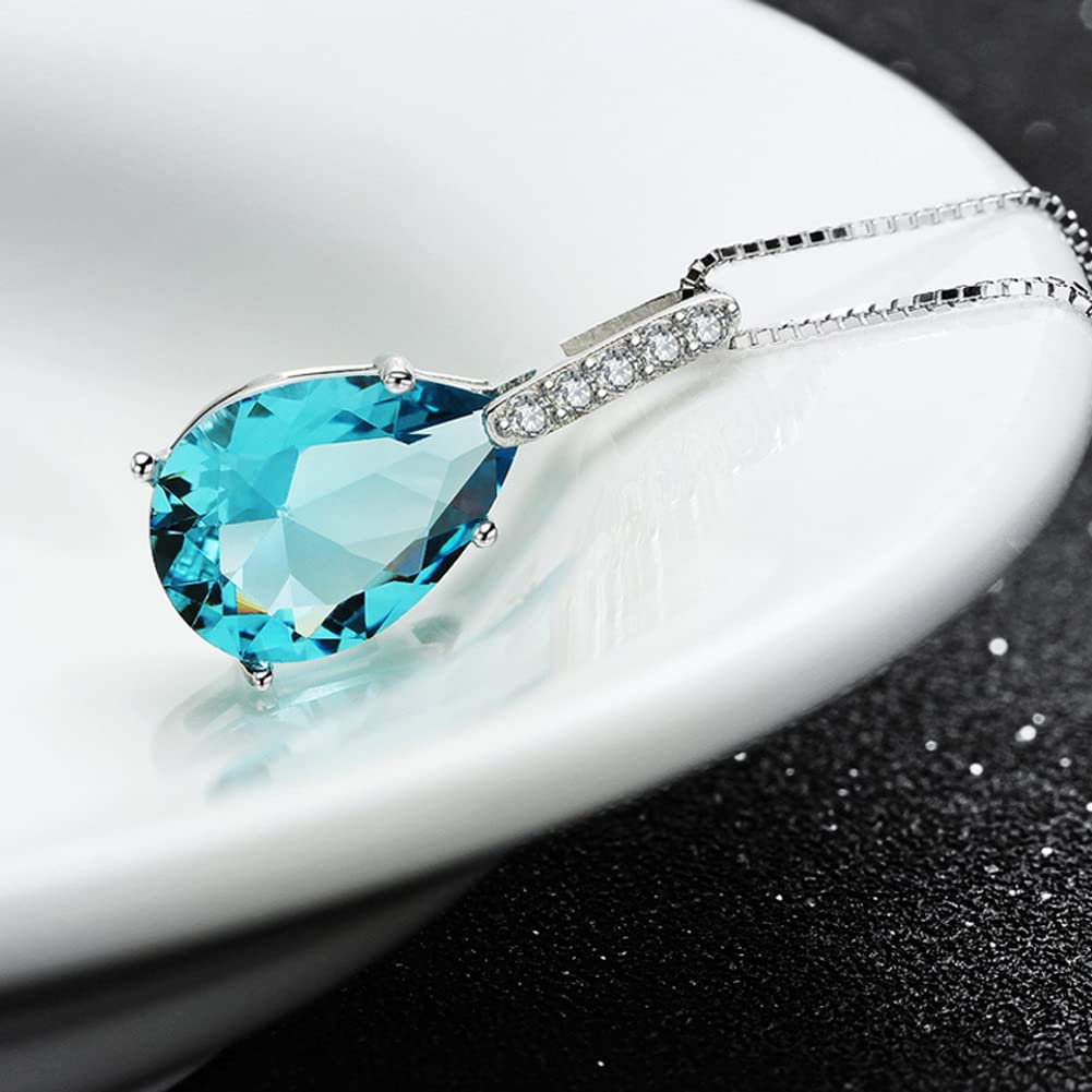 Necklace Silver Blue Drop Necklace Zirconia Large Opal Water Drop Pendant Venetian Chain 925 Silver Birthday Girlfriend Present Accessory [Rockyu]