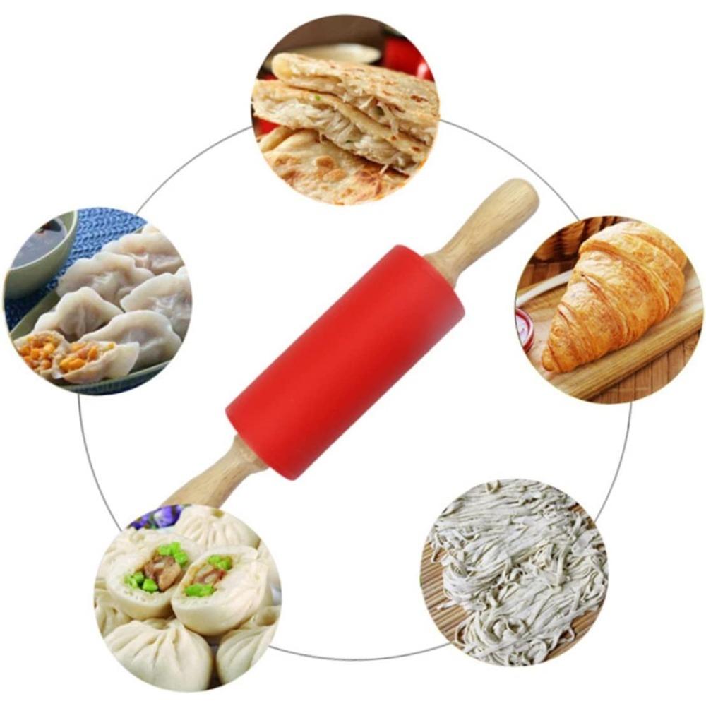 1Pcs Non-Stick Silicone Rolling Pin Wooden Handle Pastry Dough Flour Roller Kitchen Cooking Baking Tool For Pasta Cookie Dough