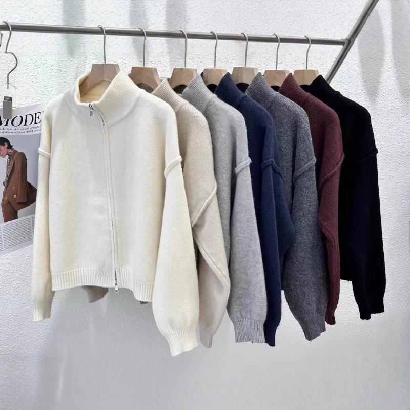 Autumn and winter new simple style loose and thin sweater jacket women lazy double zipper stand-up collar knitted cardigan women