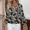 Dámský ležérní módní top s volánky, výstřihem do V, potiskem a dlouhým rukávem