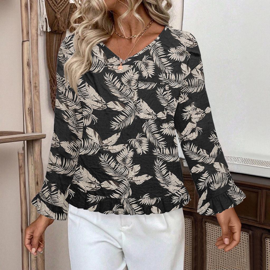 Dámský ležérní módní top s volánky, výstřihem do V, potiskem a dlouhým rukávem