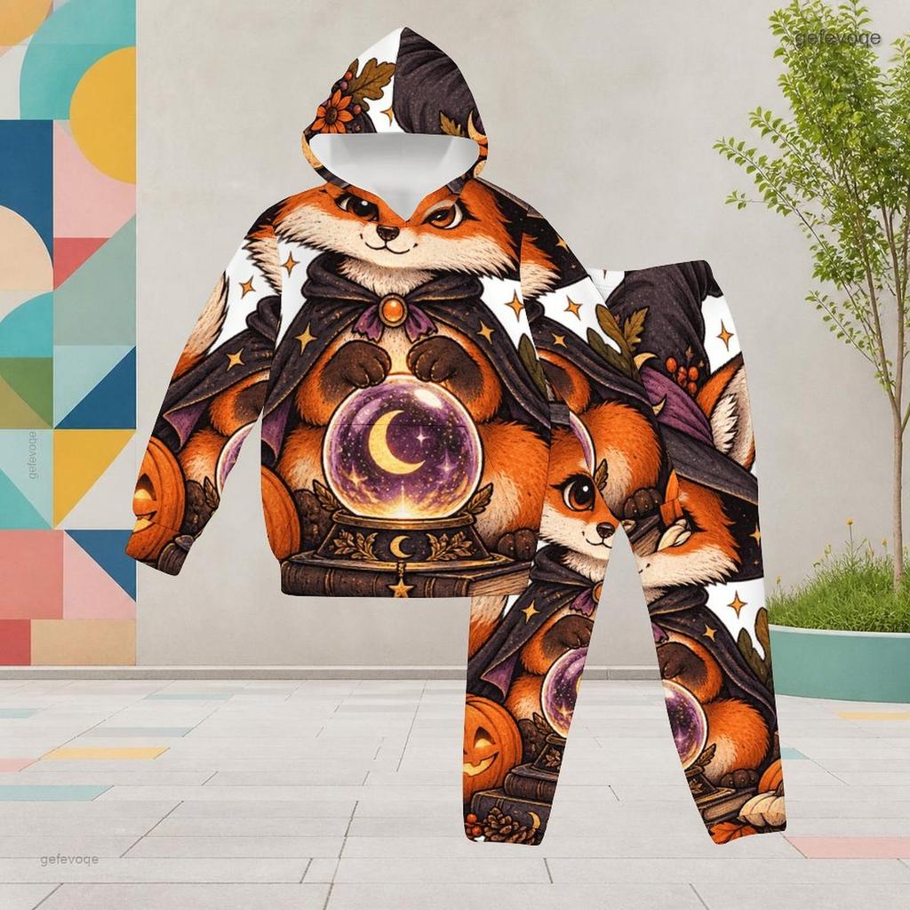 Girls Halloween Panda Ghost Printed Hooded Long Sleeve Kangaroo Pocket Cuffed Pants Two Piece Set