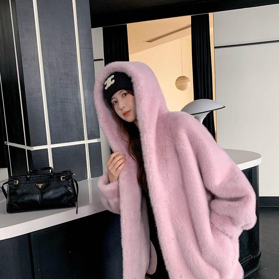 

Осень и зима новый синий худи женское пальто мех меховая куртка свободный теплый утолщенный средней длины L