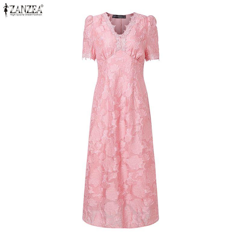 ZANZEA Women V-Neck Summer Short Sleeve Patchwork Lace Dress